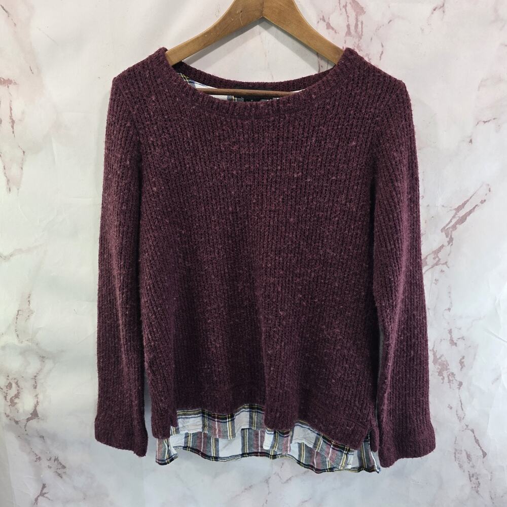 Anthropologie Sweater Womens Medium Red Plaid Hem Twofer Sanctuary Maroon